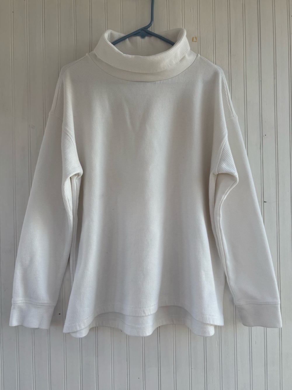 Lands' End Women's White Waffleknit Funnel Neck Long Sleeve Top Relaxed Fit XL